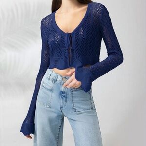 🟠NWT FRYE Pointelle Tie Crochet Long Sleeve Cardigan in Nightfall Navy